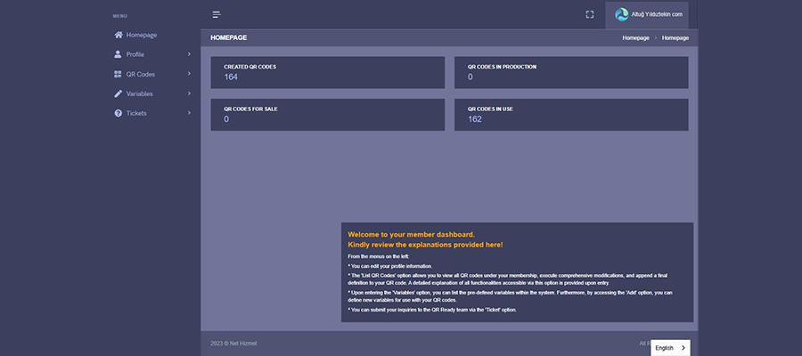 In this image, after logging in to your management panel, you can list the QR codes assigned to you on the right side by selecting the “QR Codes” option from the menu on the left.