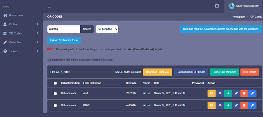 In this image, you can see the options for editing and managing the QR codes assigned to you. To make edits, click the pencil icon on the right.
