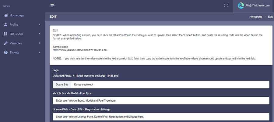 In this image, you can view the variables assigned to your QR code individually and edit them whenever you wish. You can add new variables, texts, photos, videos, PDF files, and codes.