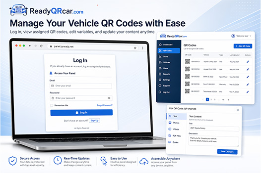 Click the image to explore your  personalized management panel. You can find the steps you need to follow to enter information and make updates for the Ready QR Car product sent to you and owned by you in our presentation here. 